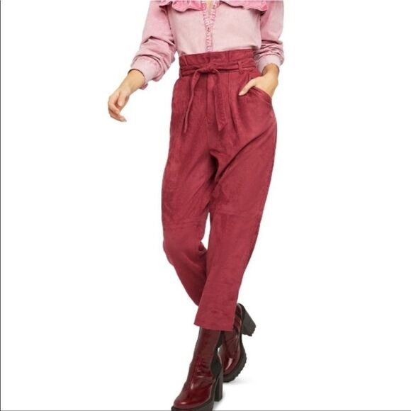 Free People Nightfall Vegan Suede Paper Bag Crop Pants Queen Pomegranate Sz 14 - Picture 2 of 14